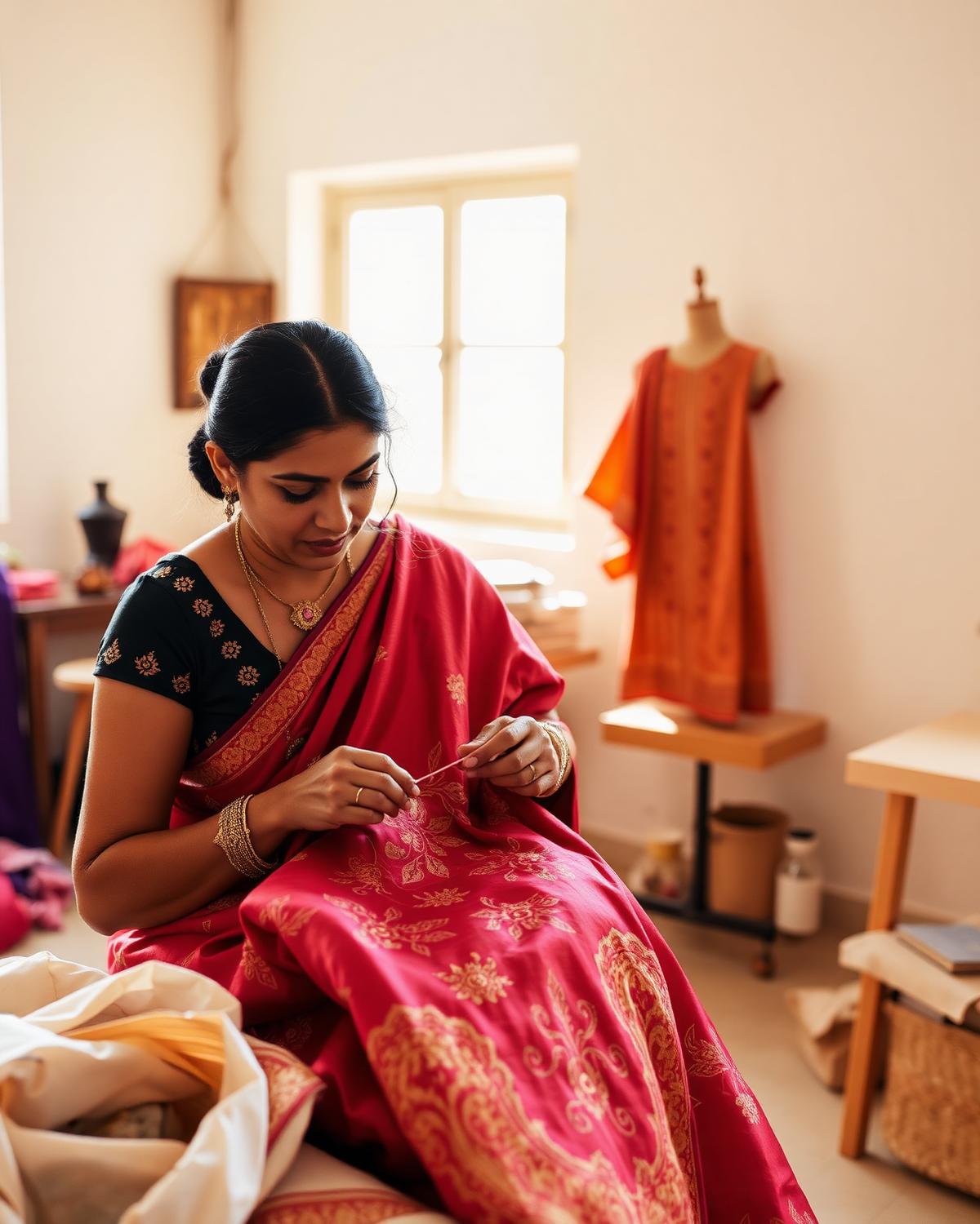 Vibhaa artisan hand-embroidering silk