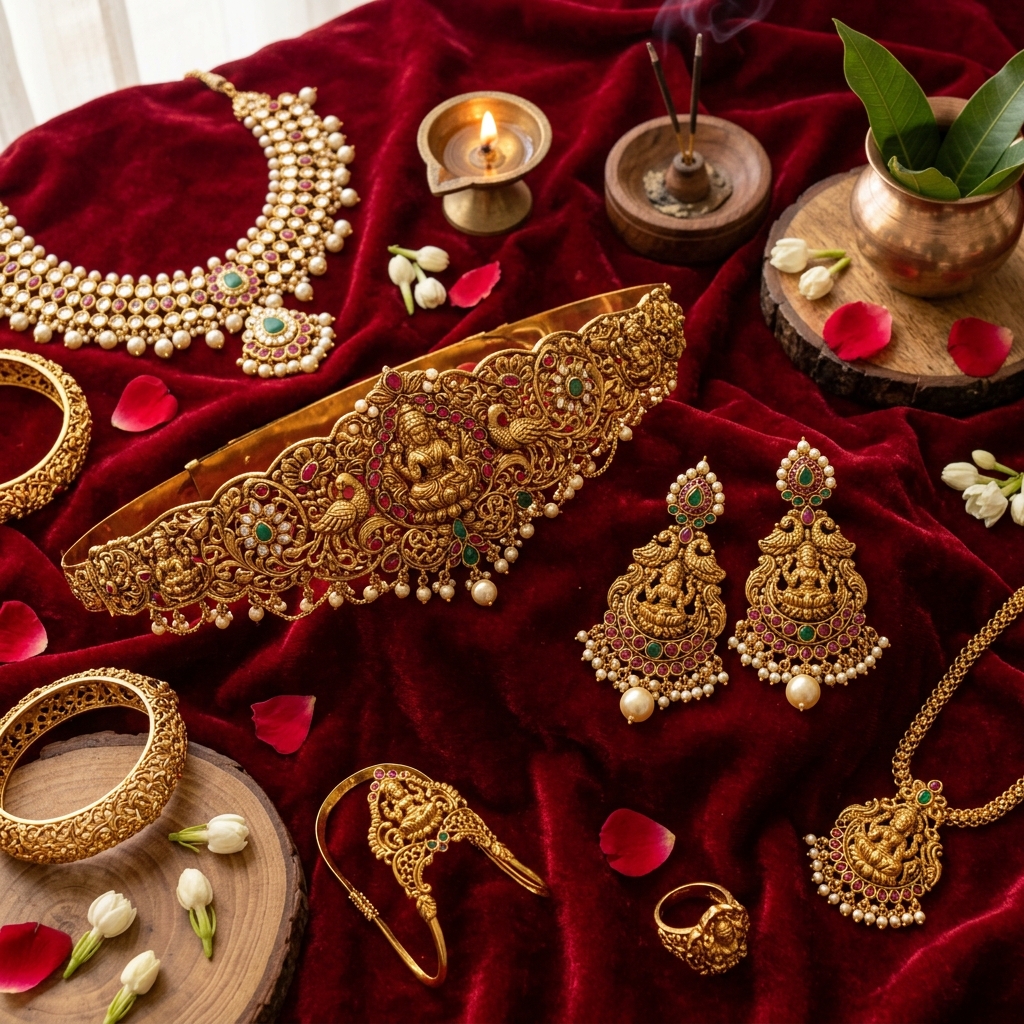 Antique gold temple design waist belt and jhumkas