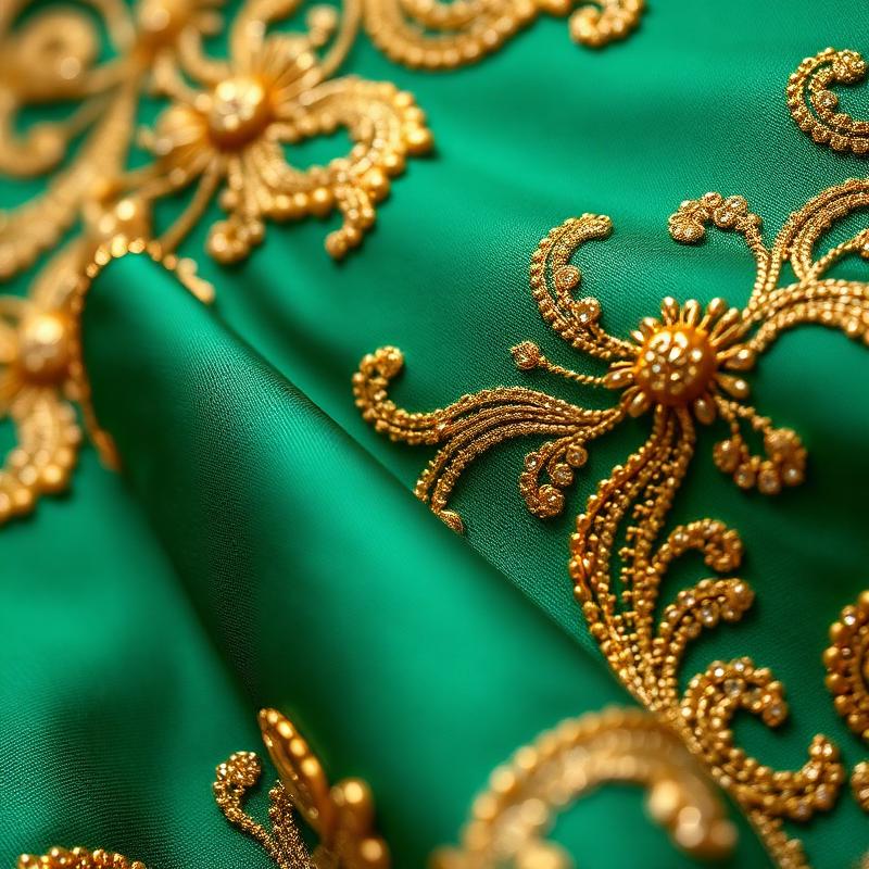 Macro gold zardosi embroidery on peacock green silk