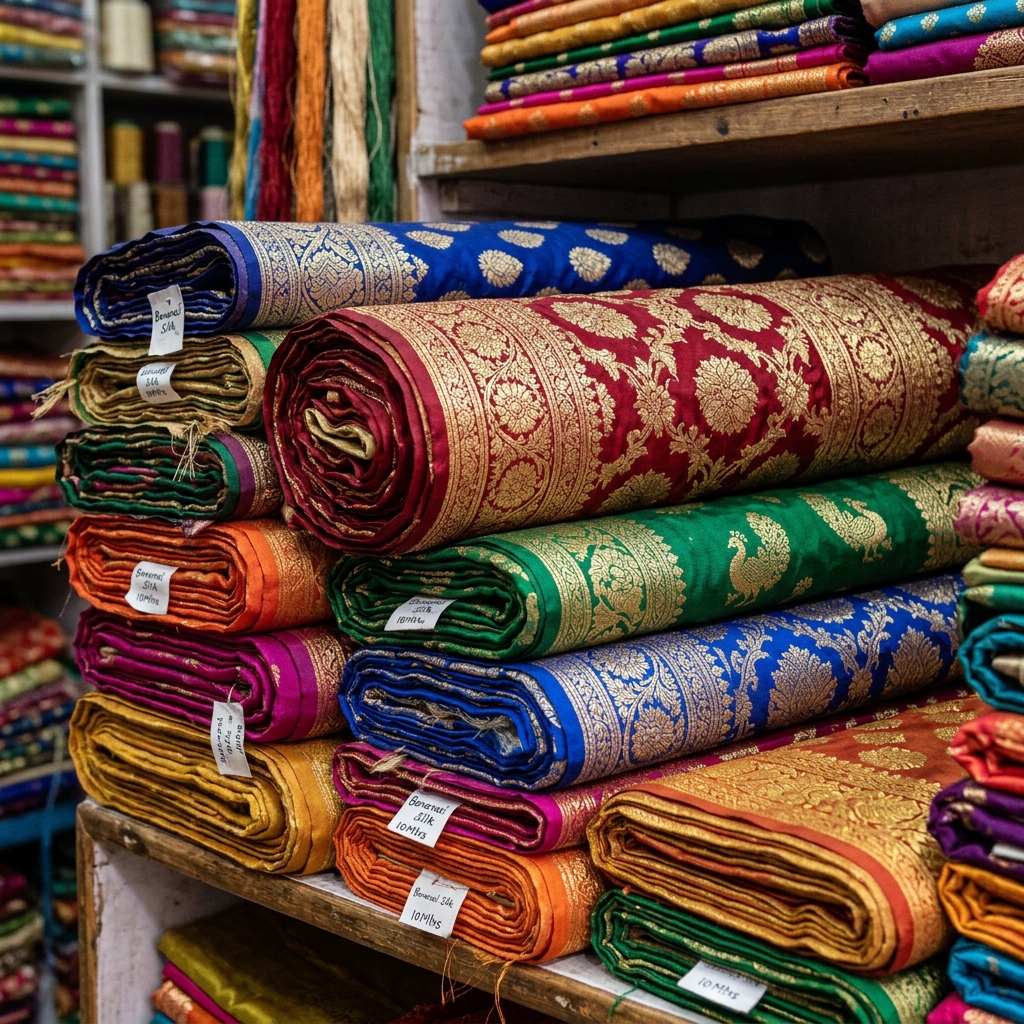 Stack of silk fabrics in brand colors