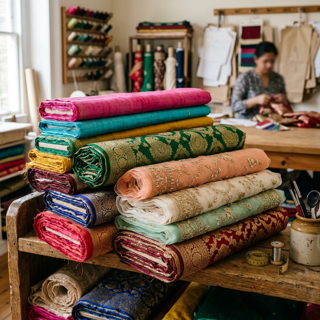 Rolls of luxury brocade and raw silk fabrics