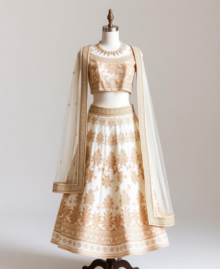 Ivory and gold lehenga on mannequin