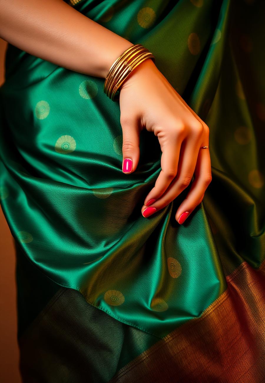 Hand draping peacock green silk saree